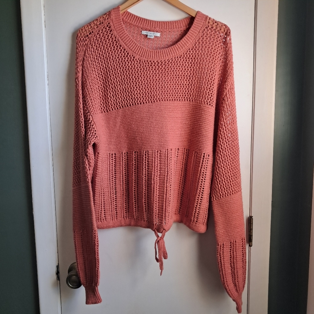 American Eagle Orange Crochet Knit Sweater Oversized Drawstring Waist Size M